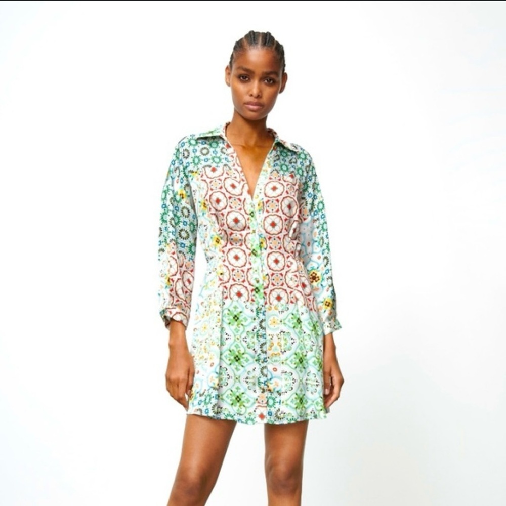 Zara Mixed Print Shirt Dress Mini Multicolor Floral Geometric Button Front XL - Picture 8 of 8